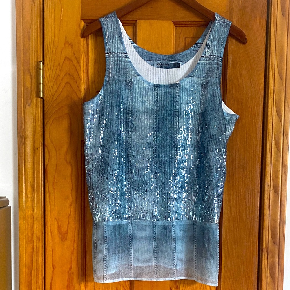 Blue Sequin Sleeveless Tank Top Medium NWOT